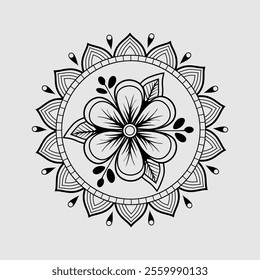 A detailed black and white mandala flower vector illustration, showcasing intricate patterns and symmetry, perfect for decorative designs, floral art, and creative projects.