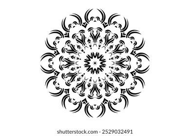 Detailed black and white mandala illustration on a crisp white background, showcasing symmetry and artistry