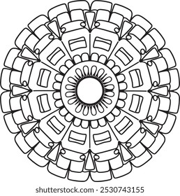 A detailed black and white mandala illustration featuring intricate floral patterns and geometric shapes.