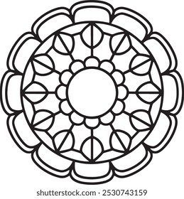 A detailed black and white mandala illustration featuring intricate floral patterns and geometric shapes.