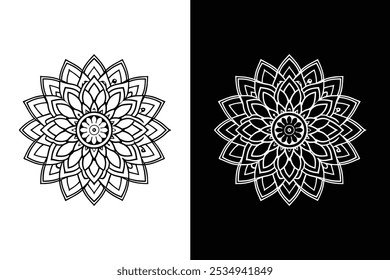 Uma detalhada ilustração em mandala preta e branca com intrincados padrões florais e formas geométricas. Círculo padrão ornamentado design ilustração arte.	