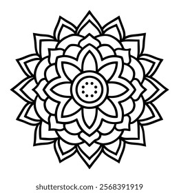 Detailed black and white mandala line art design with a symmetrical floral pattern. Ideal for coloring pages, mindfulness activities, tattoo inspiration, spiritual symbols, and decorative artwork.