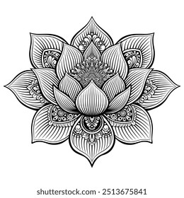 detailed black and white mandala in the shape of a lotus flower, featuring intricate patterns and symmetrical design. Ideal for coloring pages, tattoo designs, yoga art, or decorative and spiritual