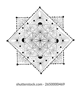 Detailed black and white mandala with symmetrical floral and geometric elements, perfect for coloring pages, meditation art, and decorative designs.