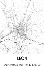 Un mapa detallado en blanco y negro de la ciudad de León, España. El mapa muestra la intrincada red de calles y caminos que atraviesan el paisaje urbano.