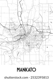 A detailed black and white map of Mankato, Minnesota, showcasing the city's street network, major roads, and waterways. The map features a prominent river winding through the city center