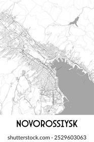 Um mapa detalhado em preto e branco de Novorossiysk, uma cidade na Rússia, é apresentado. O mapa mostra a intrincada rede de ruas da cidade, com estradas e vias navegáveis representadas em linhas finas.