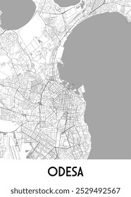 A detailed black and white map of Odesa, Ukraine, with a gray background. The map showcases the city's street network, including major roads and smaller streets.