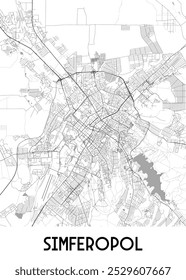 A detailed black and white map of Simferopol, a city in Ukraine. The map showcases the city's street network, including major roads and smaller streets. A winding river flows through the city