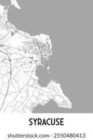 Un mapa detallado en blanco y negro de Siracusa, Nueva York, se muestra sobre un fondo gris claro. El mapa muestra la intrincada red de carreteras y calles de la ciudad, destacando su diseño urbano. 