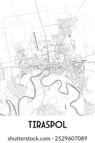 A detailed black and white map of Tiraspol, a city in Moldova. The map showcases the city's street network, including major roads and smaller streets. A winding river flows through the city