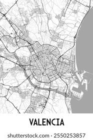 Eine detaillierte Schwarz-Weiß-Karte von Valencia, Spanien, die das komplexe Straßennetz der Stadt und die Umgebung zeigt. Die Karte zeigt Hauptstraßen, kleinere Straßen und die Küste.