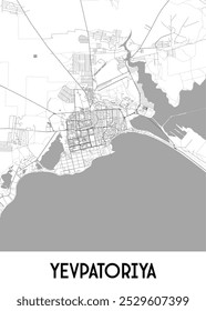 A detailed black and white map of Yevpatoria, a city in Ukraine. The map showcases the city's street network, including major roads and smaller streets. 