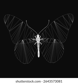 A detailed black and white moth drawing with intricately patterned wings spread wide, set against a dark background. The delicate antennae and body create a striking contrast, emphasizing the elegant.