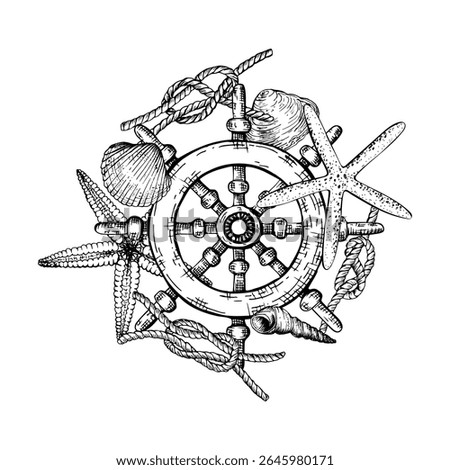 A detailed black and white nautical vector illustration. A ships wheel surrounded by starfish, seashells, ropes, and knots. Hand drawn composition. Sketch in line art style.