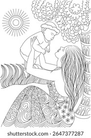 Detailed black and white outline drawing of a mom holding her infant, ideal for adult and children's coloring books, symbolizing maternal bond.