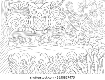 Detailed black and white outline drawing of a nocturnal owl in a fantasy forest, ideal for mindfulness and creative projects.