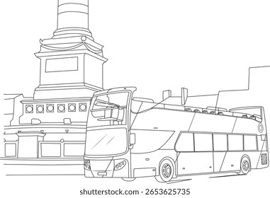 Ilustração detalhada em preto e branco de um clássico ônibus de passeio de dois andares posicionado proeminentemente em frente a um grande monumento parisiense, perfeito para viagens, turismo e temas históricos.