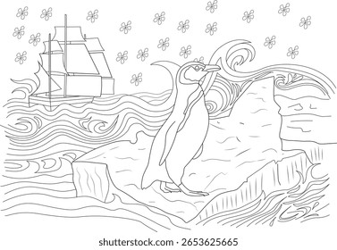 Detailed black and white outline of a lone penguin on an ice floe with a classic sailing ship, ready for coloring.