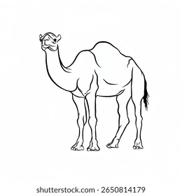 A detailed black and white outline of a one-humped camel (dromedary), standing gracefully. Ideal for coloring or as an animal illustration.