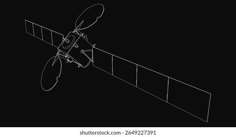 A detailed black and white satellite illustration floats against a dark void, showcasing intricate solar panels, antennas, and structural components. The technical drawing highlights.