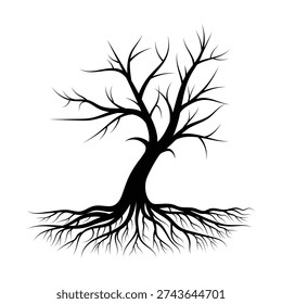 A detailed black and white silhouette vector illustration of a bare, leafless winter tree featuring an extensive underground root system. This dead tree design seamlessly connects twisted branches with deep roots, making it perfect for family tree graphics, ancestry logos, and vinyl craft cutting like Cricut. Isolated on a white background.