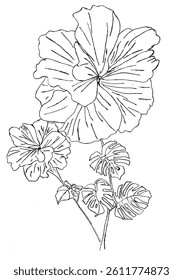 Detailed black and white sketch of blooming flowers with lush leaves ideal for botanical art design decor and educational projects