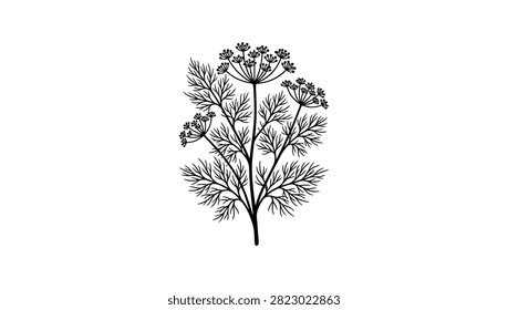 A detailed black and white sketch of a dill plant showing its feathery leaves and umbel flowers isolated on a white background