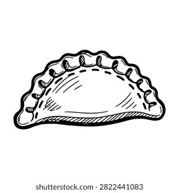 Detailed black and white sketch of a dumpling with crimped edges, showcasing traditional culinary craftsmanship and dough folding techniques.