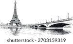 A detailed black and white sketch of the Eiffel Tower and a bridge spanning the River Seine in Paris, France. The sketch captures the iconic landmarks with intricate linework.