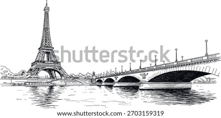 A detailed black and white sketch of the Eiffel Tower and a bridge spanning the River Seine in Paris, France. The sketch captures the iconic landmarks with intricate linework.
