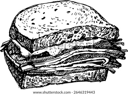 Detailed black and white sketch illustration of a hearty sandwich. The drawing captures the texture of the bread and the layered fillings, evoking a sense of classic deli fare.
