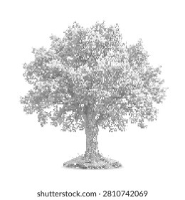 A detailed black and white sketch of a large deciduous tree with dense foliage isolated against a white background.