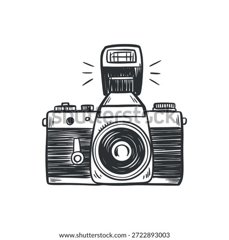 A detailed black and white sketch showcases a vintage single lens reflex camera with a mounted flash unit emphasizing photography s artistry