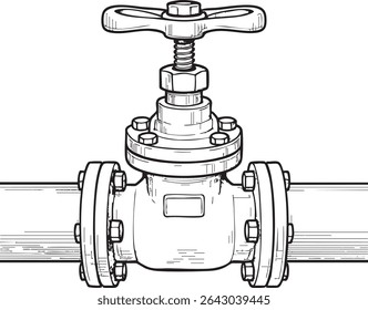 A detailed black and white sketch shows a gate valve connected to pipes with flanges, complete with a handle and bolts.