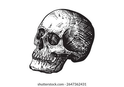 Detalhada ilustração de crânio preto e branco no estilo de gravura vintage. Perfeito para tatuagens, cartazes, vestuário e desenhos educacionais. Visual arrojado para impressão e uso digital.

