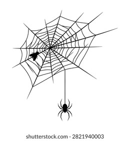 Detailed black and white spider web illustration featuring a trapped insect and a hanging spider. Perfect for Halloween designs, horror themes, or nature backgrounds.