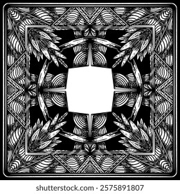 Detailed black and white symmetrical pattern, ideal for bandanas, art prints, t-shirt designs, or as an additional graphic element in creative projects.
