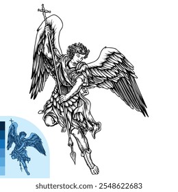 Um desenho detalhado de tatuagem preto e branco de um anjo majestoso com asas estendidas, segurando uma lança com uma cruz.