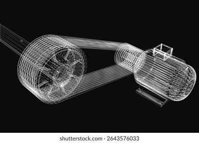 A detailed black and white technical illustration of an electric motor with visible components like coils, rotor, and housing, set against a black background.