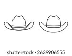 Detailed black and white technical line drawing of a cowboy hat viewed from front and back. The illustration highlights the structured crown, wide curved brim, stitched hatband, and classic.