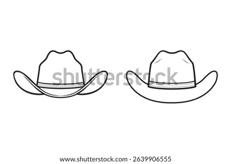 Detailed black and white technical line drawing of a cowboy hat viewed from front and back. The illustration highlights the structured crown, wide curved brim, stitched hatband, and classic.