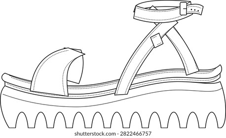 A detailed black and white technical sketch of a platform sandal with ankle strap and buckle closure. Perfect for fashion design presentations, manufacturing tech packs, and footwear catalog projects.