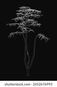 A detailed black and white tree drawing stands out against a dark background with intricate branches and delicate leaves. The high contrast creates a bold and dramatic visual effect.
