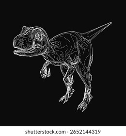 Um detalhado desenho T-Rex preto e branco está ameaçadoramente em um fundo escuro, mostrando dentes afiados, corpo muscular e escalas intrincadas. Seus olhos alertas largos e boca levemente aberta sugerem.