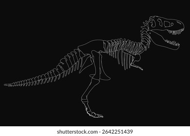 Uma ilustração detalhada de esqueleto T-Rex preto e branco se posiciona contra um fundo escuro, mostrando seu pescoço longo, dentes afiados e cauda poderosa. O desenho semelhante à vida captura o alerta do dinossauro.
