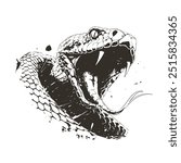Detailed black and white vector of attacking snake head isolated. Perfect for prints, apparel and emblems. High contrast grunge style. Fierce predator graphic captures raw power and danger.