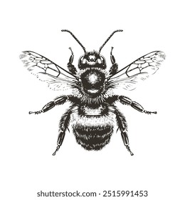 Detailed black and white vector of bee isolated. Perfect for prints, apparel and emblems. High contrast grunge style. Fierce predator graphic captures raw power and danger.