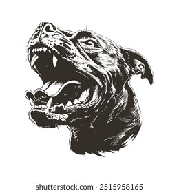 Vector blanco y negro detallado de la cabeza del perro aislado. Perfecto para estampados, prendas y emblemas. Estilo grunge de alto contraste.