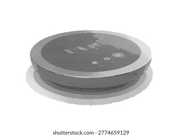 Detailed black and white vector drawing of a modern wireless audio assistant equipment.